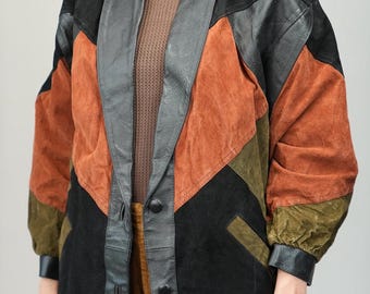 80s Patchwork Suede Leather Coat | Geometric Colorblock Jacket | Vintage Made in England Bold Outerwear | Male Size M | Female Size L