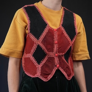 Suede Leather Vest Patchwork with Crochet Details red black image 1