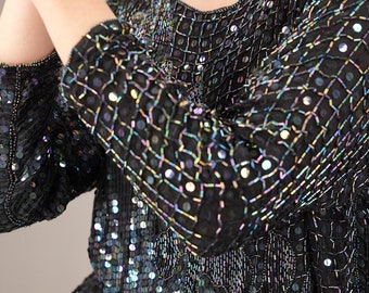 Top in seta con perline fatte a mano / Vintage, anni '80 / Top con paillettes unico, taglia M / Seta pura