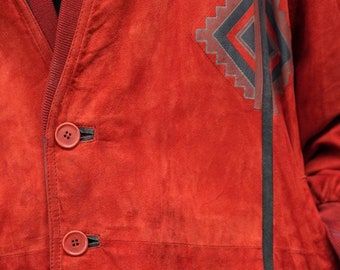 Pancaldi 80s Bright Red Leather Blouson Jacket | with Geometric Pattern | Suede Ovine Leather, Made in 1980s Italy