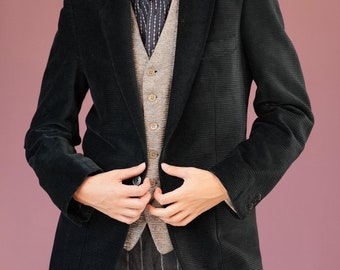 Corduroy Vintage Blazer Jacket in Charcoal Black | Made in West-Germany | Pure Cotton, 1980s | Men's Tailored Corduroy Jacket
