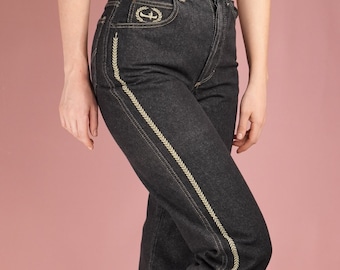 Sisley Vintage Jeans in Dark Blue with Embroidery | Made in Italy 1990s | Small Size S-M
