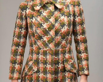 60s Mod Coat with Textured Wool Fabric in Pink & Green | Women's Size M | Authentic 60s Vintage Coat | Tailor-made in Italy