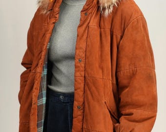 Vintage Suede Leather Parka Coat with Checkered Wool Lining | Size L | 80s, Made in Italy