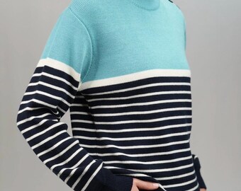 Marine-Style Vintage Merino Sweater by Hublot in Blue with Stripes | Women's Size L