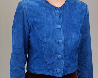 Abgeschnittene blaue Wildlederjacke | 80er Jahre Vintage | Größe S-M | Echtes Leder