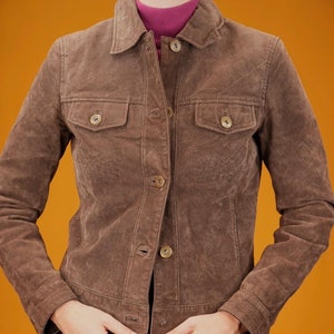 Blouson en cuir suédé vintage (Marron) | Veste courte en cuir vintage pour femme | Années 90