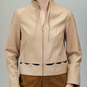 Veste en cuir vintage des années 70 en crème-beige avec découpes | Taille L | Fabriqué en Italie