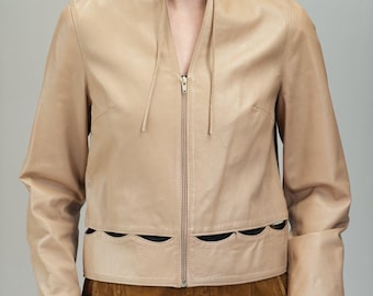 70s Vintage Leather Jacket in Cream-Beige with Cut-Outs | Size L | Made in Italy