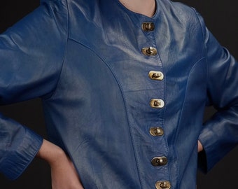 Cobalt Blue Vintage Leather Jacket Cropped with Golden Toggle Buttons | Vintage, 1980s