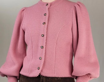 Austrian Vintage Knit-Cardigan with Puffy Sleeves in Soft Pink | Hand-made