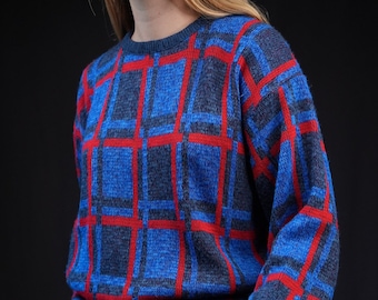 Vintage Pullover mit Grafischen Muster Blau Rot | Hergestellt in Dänemark