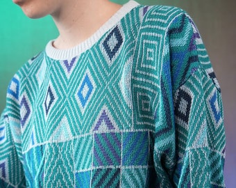 Vintage sweater with abstract pattern in petrol blue and green