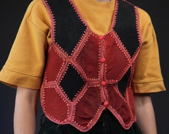 Suede Leather Vest Patchwork with Crochet Details red black