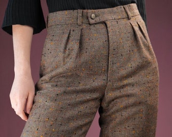 Rare pantalon en tweed italien taupe avec des taches colorées | Fabriqué à la main dans l'Italie des années 1980