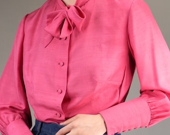 Blusa de seda vintage a medida en rosa / años 80, hecha a mano