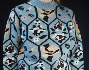 Light Blue Vintage Sweater with Abstract Flower Pattern | Made in Italy