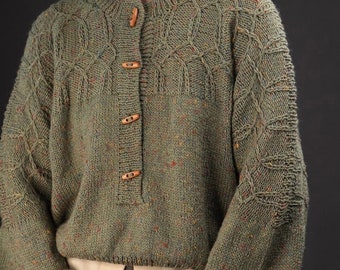 Hand-Knitted Vintage Sweater in Muted Green | Colorful Tweed Yarn | Women's Vintage Clothing