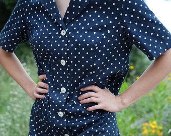 Navy Blue Vintage Dress with Polka Dots 60s 70s