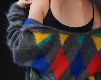 Vintage Mohair Cardigan with Colorful Diamond Pattern | Made in Italy