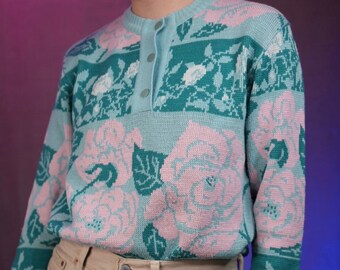 Pull vintage rare à motif de roses / Fabriqué en Italie