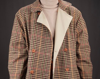 Double-face Vintage Pea-Coat with Colorful Houndstooth Pattern | Made in Italy