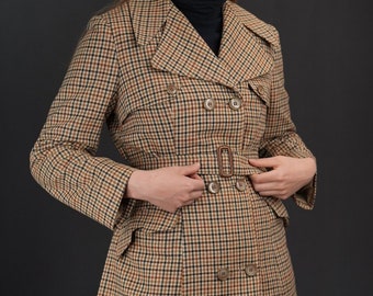 Trench vintage à carreaux Claude Havrey | Trench-coat en laine sur mesure des années 1970 | Fabriqué en France