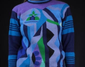 Vintage Sweater with Abstract Pattern purple blue