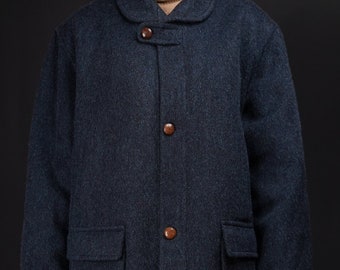 Moessmer Coat Mohair Loden | 30% Mohair | Checkered Lining | Dark Blue Vintage Wool Coat