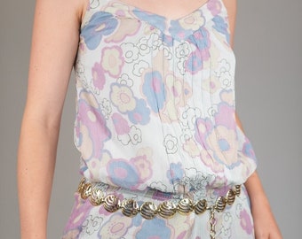Débardeur vintage en soie à motif floral graphique | haut vintage des années 2000 pour l'an 2000 pour femmes | Haut en mousseline de soie à volants dans des couleurs pastel