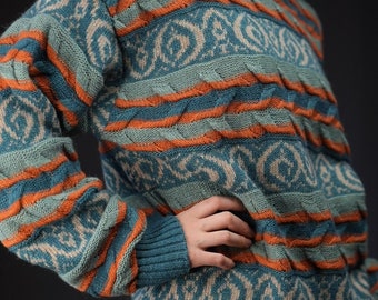 Knitted Sweater with Pattern in Orange and Blue | 10% Alpaca | Made in Italy