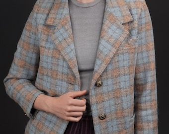 Blazer en tweed pour femme en bleu clair et rose pâle | Blazer vintage sur mesure | Années 80