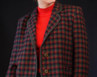 Blazer in lana vintage con motivo tartan in tweed / Abbigliamento vintage per le vacanze / Pura lana, Made in Italy