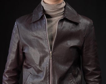 Dark Purple Leather Jacket with Zipper | Vintage, 1990s