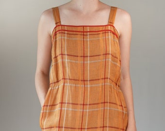 Linen Dress Vintage in Orange with Check Pattern | 1980s Women's Vintage Dress