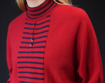 Red Vintage Wool Sweater Striped 70s