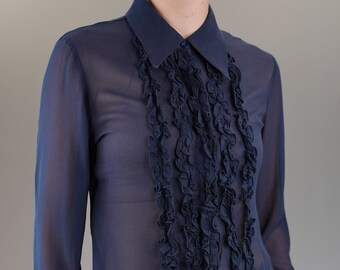 Ruffled Silk Blouse in Sheer Midnight Blue | Pure Silk Blouse Vintage | Women's Blouses