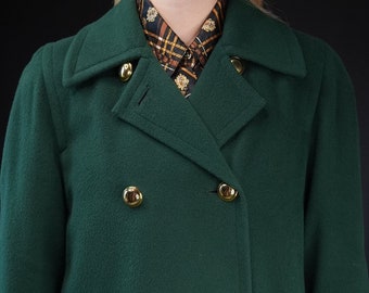 Aquascutum Dark Green Double-Breasted Vintage Wool Coat | 20% Cashmere | Made in England