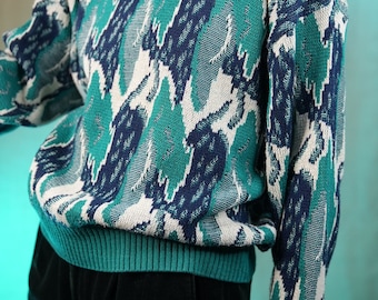 Vintage sweater with abstract pattern in turquoise/ Made in Austria