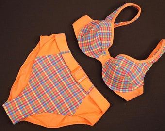 Vintage Bikini 1980s in Neon-Colors with Colorful Checkered Pattern and Belt | Retro Swimsuit Women's