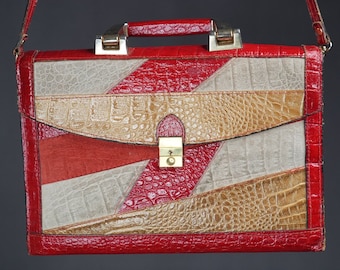 Vintage Briefcase Bag Red Leather Patchwork