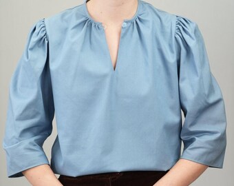 Camicetta tradizionale tedesca in cotone azzurro / Vintage Trachten / Taglia L / Camicetta estiva da donna
