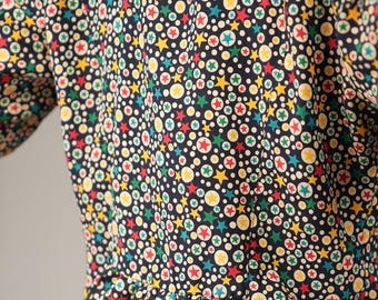 Pure Silk, Italian VINTAGE Statement-Blouse with Colorful Star-Pattern | 1980s
