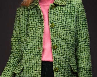 Manteau sur mesure en vert structuré en mélange de laine et de coton | Fabriqué en Italie