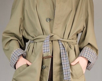 Double-Face Khaki Vintage Trench-Coat | Khaki Cotton & Checkered Wool Side | Unisex Vintage Coat