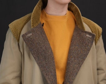 Trench-soprabito double face in tweed con dettagli in velluto a coste / sartoriale a mano degli anni '70