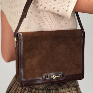 Italian Vintage Shoulder Bag | Brown Suede & Smooth Leather | Elegant Design with Adjustable Strap | in Excellent Condition