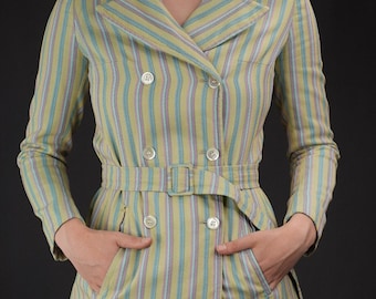 1970s Trench Coat With Colorful Striped Pattern | Vintage Tailored Trench-Coat 60s 70s | Made in France