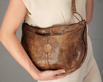 90s Brown Leather Half Moon Bag | Patina Crossbody Shoulder Bag | Vintage Crescent Bag