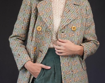 960s Italian Wool Tweed Coat | Soft Pastel Double-Breasted Vintage | Mid-Century Elegance (Size S-M)